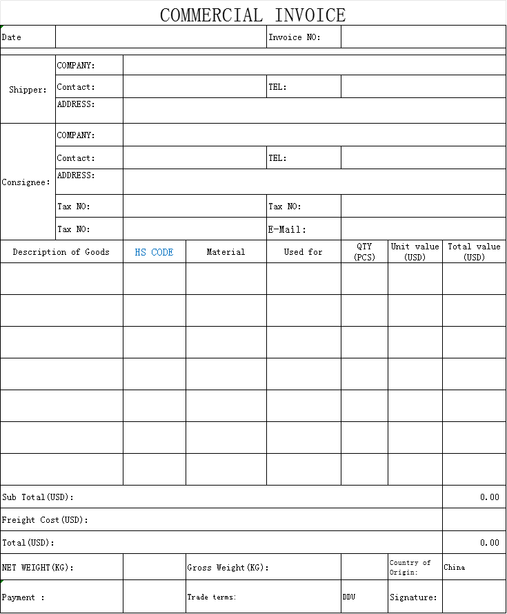 国际快递发票Invoice模板_DHL/UPS/FedEx联邦